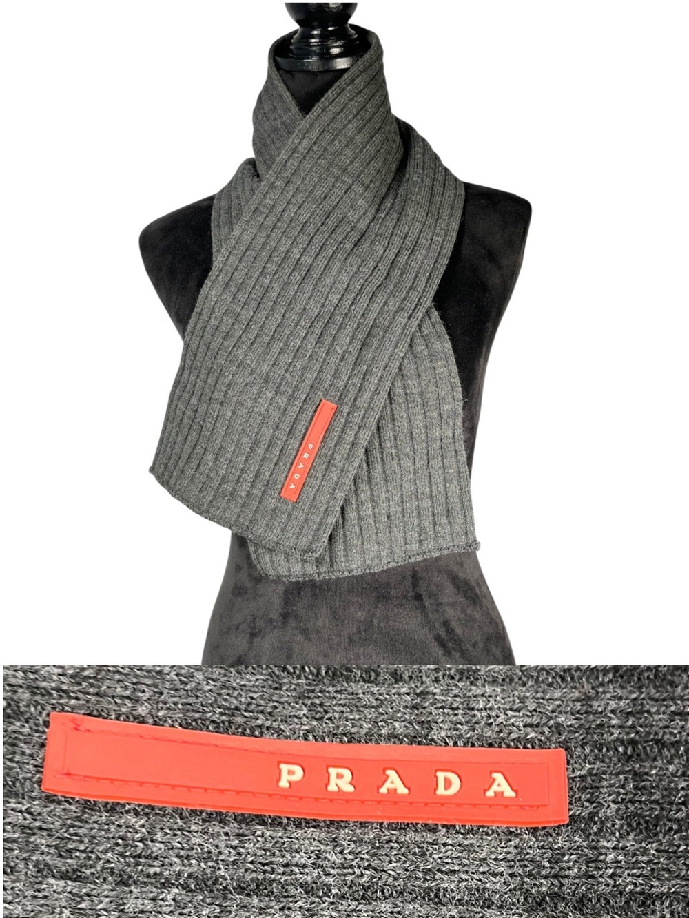 Gray Rib Knit Scarf Red Logo Neutral Winter Warm Heritage Old Money Academia